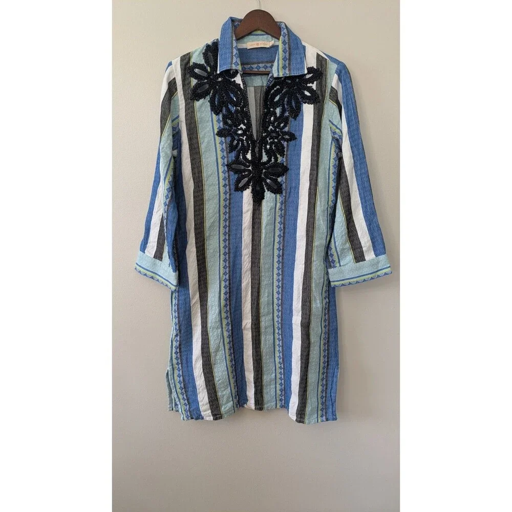 Tory Burch Embroidered Beaded Dress Sz 4 Relaxed Coastal Blue Stripe Collar $548
